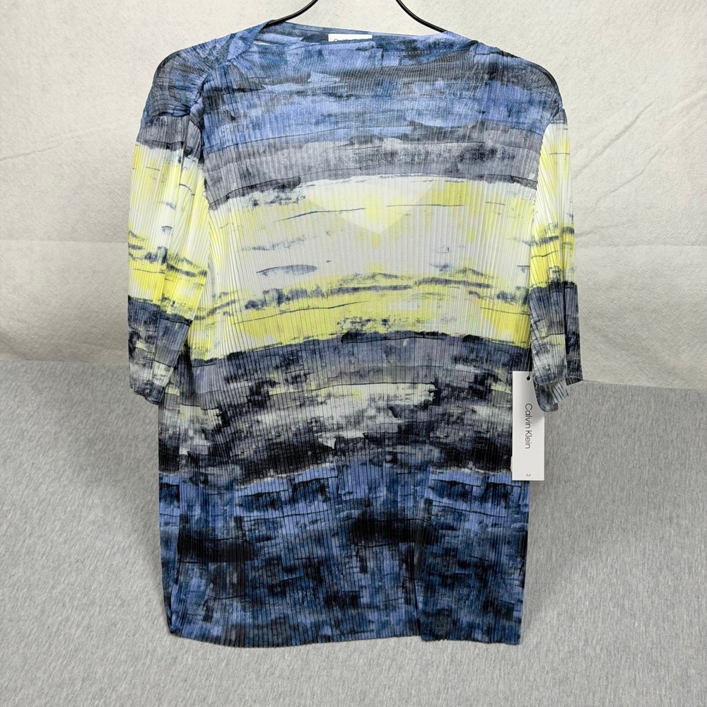 Calvin Klein Womens XL Pleated Abstract Boatneck Top Blue Yellow S51TU38E